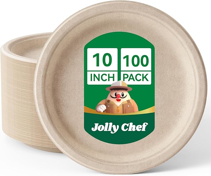 JOLLY CHEF Compostable Heavy Duty Plates ?윮?윭 ?뿙?뿻?뿰?뿵 [?윮?윭?윭 ?뿣?뿮?뿰?뿸] Eco-Friendly Disposable Natural Paper Plate Bagasse Biodegradable Food Trays for Party Dinner Hot Cold Food Christmas (Brown)