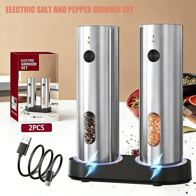 Electric Salt and Pepper Grinder Set, Rechargeable Stainless Steel with USB-C Dual Charging Base, Upgraded Large Capacity, Adjustable Coarseness & Bright LED Light, Kitchen Essentials