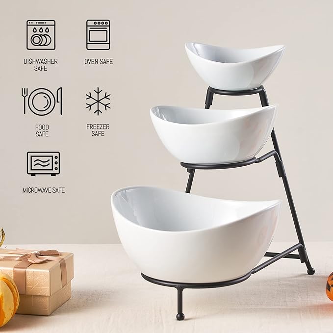LYEOBOH 3 Tier Serving Bowls Set with Collapsible Thicker Metal Stand, Oval Serving Dishes for Entertaining Tiered Serving Stand for Fruit, Dessert, Candy, Chip and Dip (Black)
