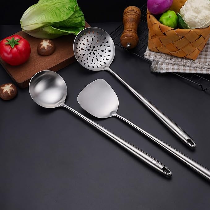 17??Wok Spatula and Ladle, Skimmer Spoon - 304 Stainless Steel Wok Tools Set, 3-Pieces Extra Long Handle Cooking Tools, All Metal Wok Utensils and Wok Accessories for Cast Iron/Carbon Steel Wok
