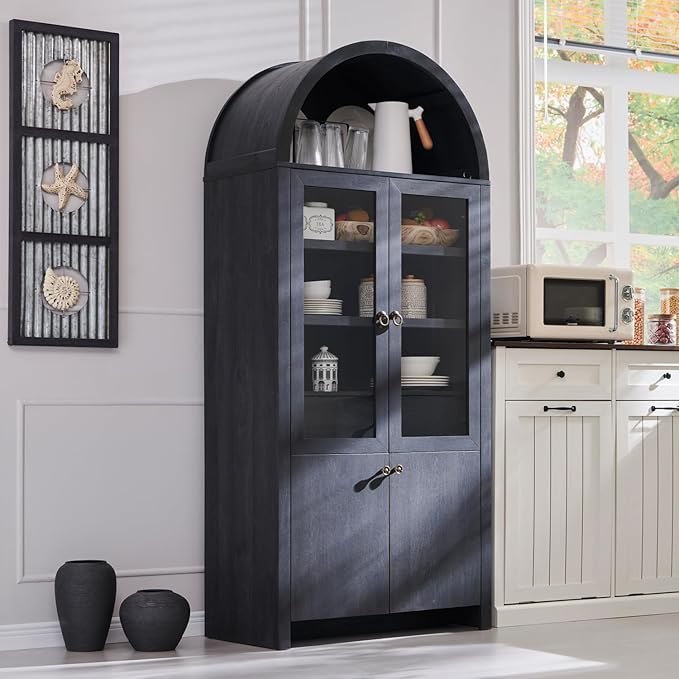 71" Tall Arched Kitchen Pantry Cabinet, Modern Farmhouse Kitchen Storage Cabinets with Open & Adjustable Shelves, Hidden Drawer & Glass Door, Versatile Cupboard for Kitchens, Dining Room, Grey