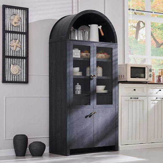 71" Tall Arched Kitchen Pantry Cabinet, Modern Farmhouse Kitchen Storage Cabinets with Open & Adjustable Shelves, Hidden Drawer & Glass Door, Versatile Cupboard for Kitchens, Dining Room, Grey