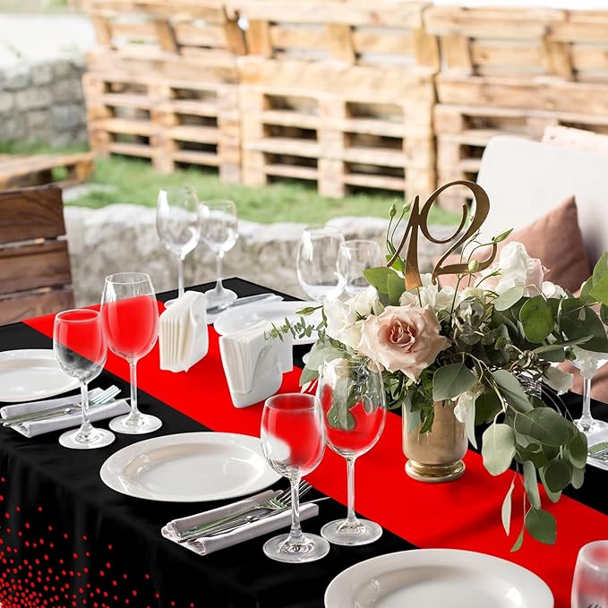MASHAN 3Pcs Black and Red Tablecloth Party Decorations,Plastic Black Table Cloth Printed Red Table Runner Disposable Rectangle Cover for Birthday Weeding Anniversary Graduation Party,54 x108 Inch