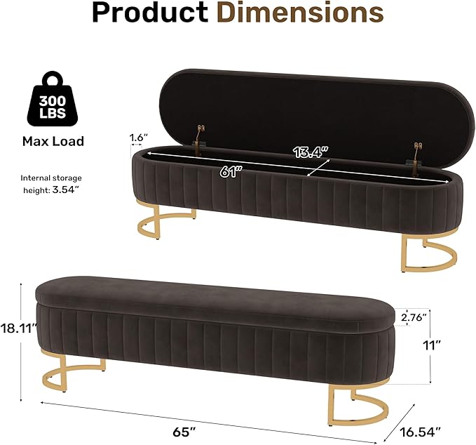 VIROL 65 Inch Storage Ottoman Bench Velvet End of Bed Storage Bench King Size Upholstered Tufted Bench Large Space for Bedroom Living Room Entryway Dark Grey