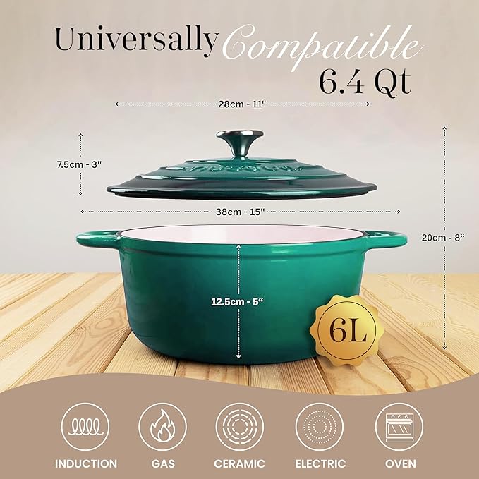 Nuovva Enamelled Cast Iron Dutch Oven Pot with Lid ??6.4 Quart Non Stick Casserole Pot ??Heavy Duty & Oven Safe up to 500째 F for Bread Baking, Braising, Stews, Roasting ??28cm Dark Green