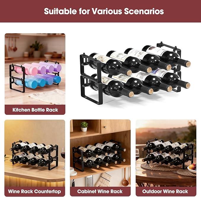 Stackable Wine Rack Countertop, 8 Bottles Wine Bottle Holder for Inside Cabinet, Small Tabletop Wine Holder Stand for Pantry Bar, 2-Tier Angle Adjustable Wine Bottle Rack for Tight Spaces