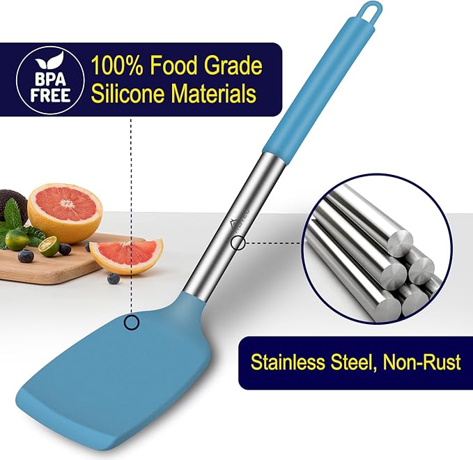 HOTEC Silicone Spatula Set of 2 Heat-Resistant 600째F & BPA-Free Kitchen SaptulaTurner with Stainless Steel Handles, Slotted & Solid Spatulas for Nonstick Cookware, 13.7 Inch, Blue
