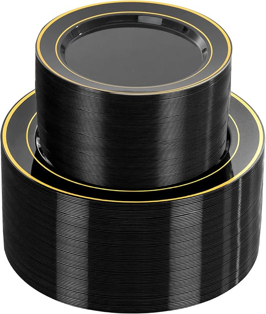 NOCCUR 200PCS Black and Gold Plastic Plates for 100 Guests - Include 100PCS 10" Dinner/ 100PCS 7" Dessert Disposable Plates Heavy Duty - Ideal for Party/Birthday/New Year