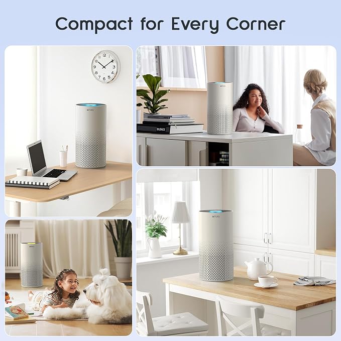 Afloia Air Purifier for Home Bedroom Large Room Up to 1076 Ft짼, 3-Stage Filter Air Purifiers for Bedroom, Remove Dander Pets Hair Pollen Mold Smoke, 7 Colors Light, Kilo Grey