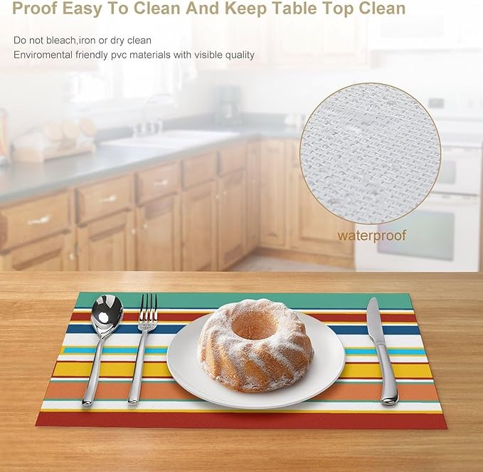 Modern Red Yellow Blue Teal Stripes Placemat, Set of 4 Heat Resistant PVC Place Mats for Kitchen Table