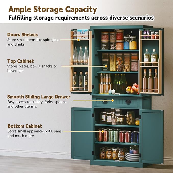 ARTPOWER 72" Pantry Storage Cabinet with Drawer, Freestanding Tall Cupboard Storage Cabinet, Utility Pantry with Door Shelves and 2 Adjustable Shelves for Kitchen, Dining Room,Living Room, Green