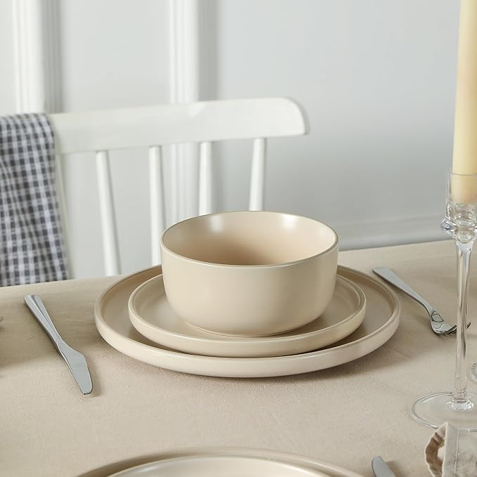 Earth & Clay Amber 24-Piece Dinnerware Set Stoneware, Dishwasher and Microwave Safe Plates and Bowls Set, Dish Set for 8, Beige