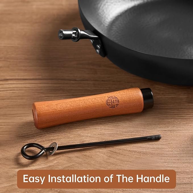 WANGYUANJI 11-Inch Carbon Steel Frying Pan with Beech Wooden Handle & Glass Lid - Physical Non-Stick, Non-Coating Skillet for Induction, Saut챕ing, Frying, Stir-Frying
