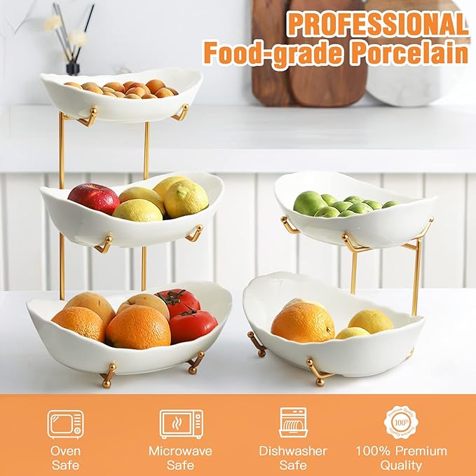 Ceramic Fruit Bowl for Kitchen Counter - 3 Tier Fruit Basket with Metal Stand, Tiered Fruit Stand for Countertop, Snack, Nuts, Cake, Dessert, Cute (Gold, Small)