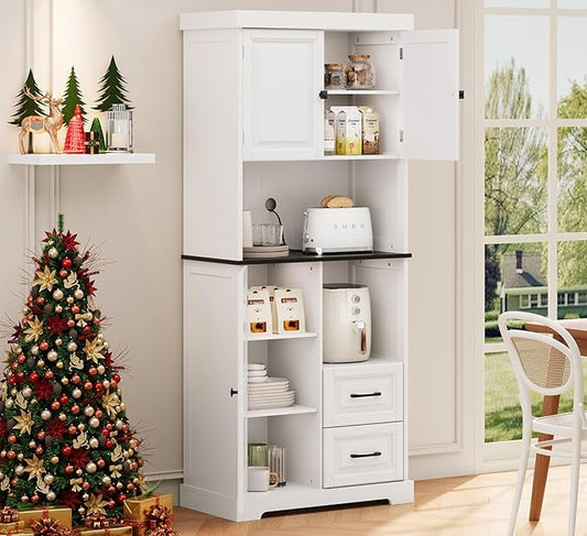 71" Tall Kitchen Pantry Cabinet, White Wooden Storage Cabinet with Drawers & Wire Hole & Adjustable Shelves & Anti-Tip Device, Multipurpose Pantry Cabinets for Kitchen Bathroom Living Room