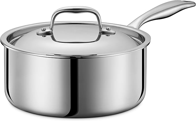 LEGEND COOKWARE 5-Ply Stainless Steel 3-Quart Sauce Pan with Lid - Induction Compatible, Oven Safe 800째F - Non-Toxic, No Coatings - Even Heating, Won't Warp - Built to Last Generations