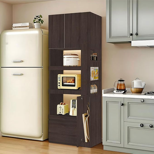 LINLIUA 71'' Tall Kitchen Pantry Cabinet, Wood Pantry Storage Cabinet with Doors, 3 Pull-Out Shelves and Drawer, Modern Slim Kitchen Hutch for Dining Room Small Space