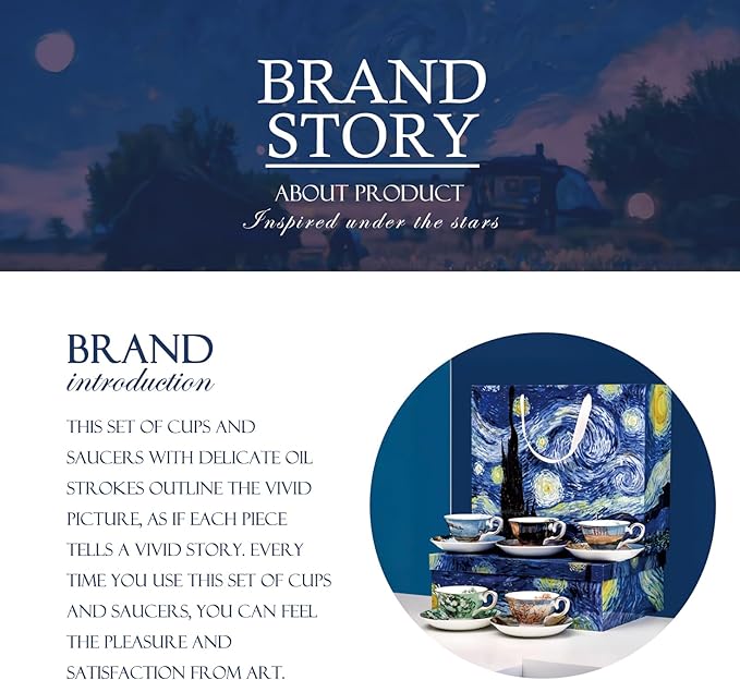 Van Gogh Bone China Set of 4 Cups and Saucers, Coffee Cup and Saucer Set With Gift Box, 7.4-Ounce Art Coffee Mugs Set - Perfect Birthday/Holiday/Wedding Gift
