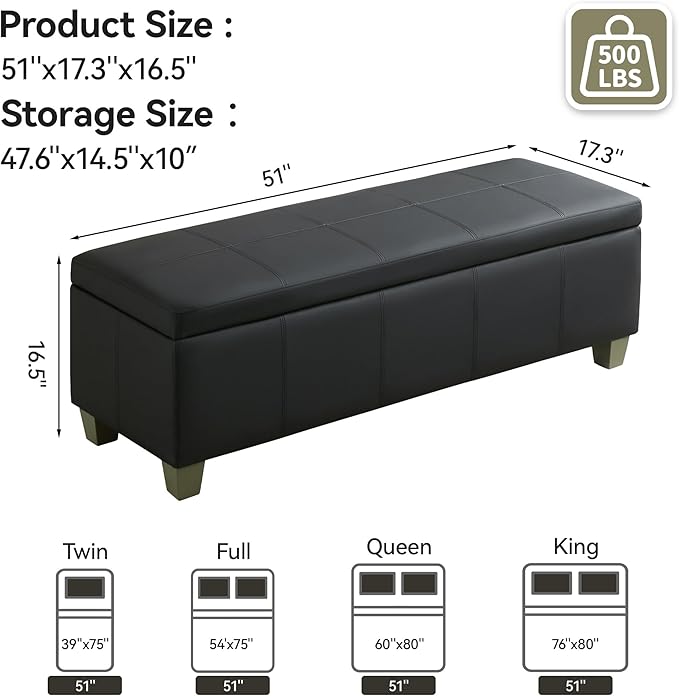 WUTUTUEE 51" Faux Leather Storage Ottoman, Stitch Tufted Rectangle Upholstered End of Bed Storage Bench, Entryway Large Couch Ottoman with Wooden Legs, Dark Black