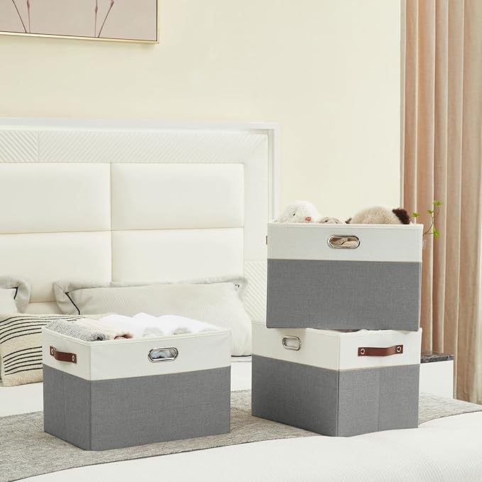 Bagnizer Large Collapsible Fabric Storage Bins with 3 Handles, Foldable Organizer Baskets for Closet, Shelves, Living Room | 3 Pack, Durable PU & Metal Handles (17"x11.8"x11.8", Gray & White)