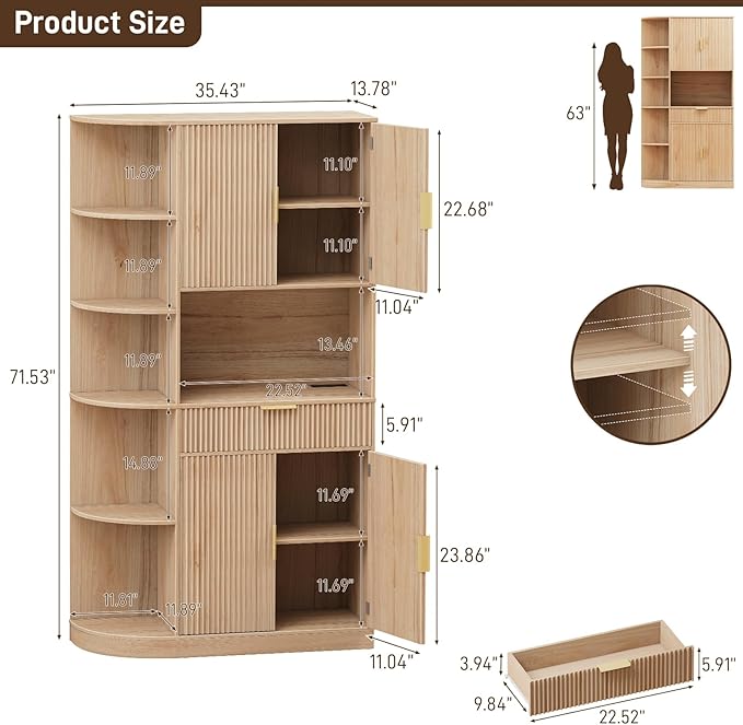 Vabches Kitchen Pantry Cabinet with 5 Side-Opening Storage cabinets, Pull Out Drawers, 2 Fluted Doors and Adjustable Shelves, Wood Hutch Cabinet with Storage for Kitchen, Dining Room and Living Room