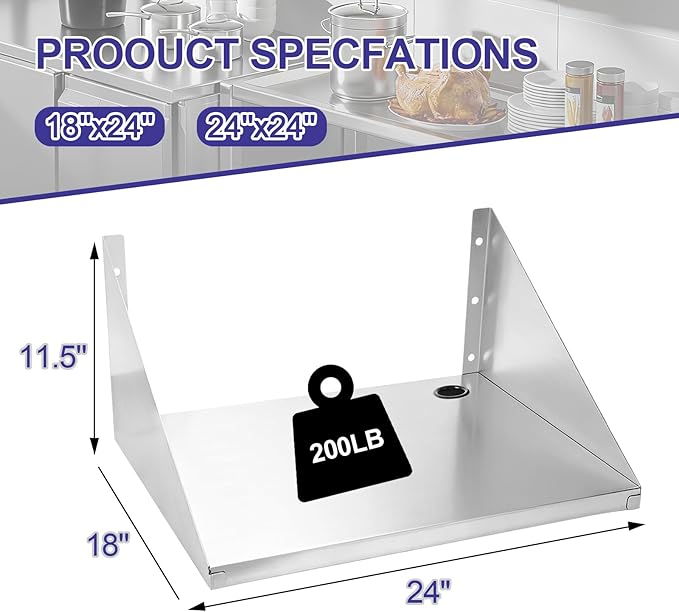 Stainless Steel Microwave Shelf with Side Guards - Heavy-Duty Wall Mount Rack, Sturdy Space-Saving Storage for Kitchen Appliances, Great for Home, Restaurant & Hotel (18''x24''x12)