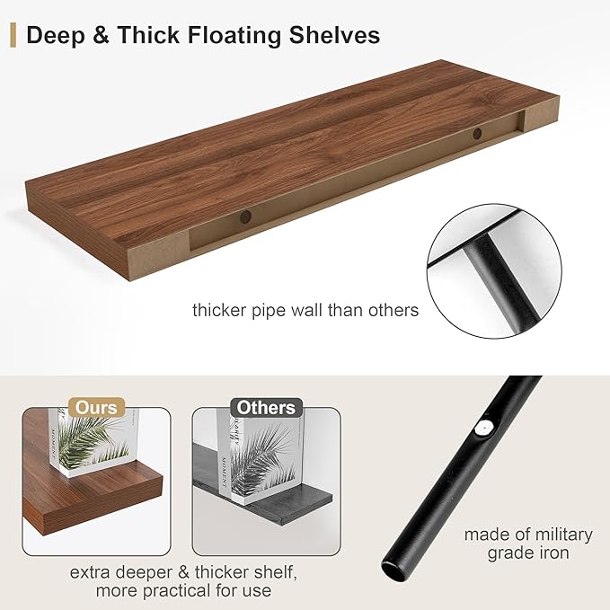 Heimlove 12" Deep Floating Shelves for Wall Shelf Over Toilet Mounted Farmhouse Long 55 inches Set of 1, Farmhouse Shelves with Invisible Brackets for Living Room, Kitchen, Bedroom,Walnut