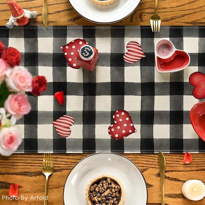 Artoid Mode Watercolor Buffalo Plaid Hearts Truck Love Valentine's Day Table Runner, Anniversary Wedding Kitchen Dining Table Decoration for Indoor Outdoor Home Decor 13 x 72 Inch