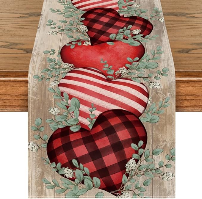 Artoid Mode Wood Eucalyptus Hearts Valentine's Table Runner, Anniversary HoliKitchen Dining Table Decoration for Home Party Decor 13x60 Inch