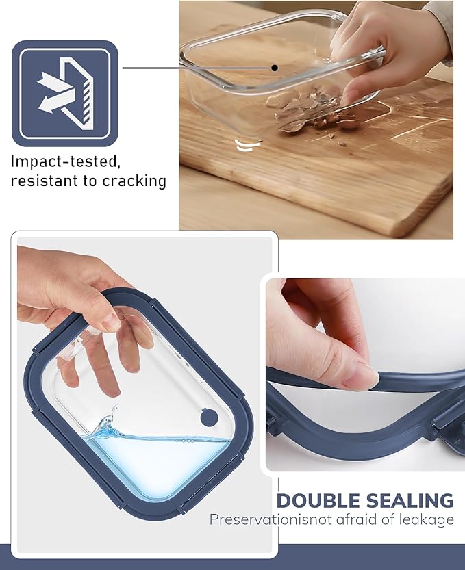 2-Pack Glass Food Storage Containers with Tempered Lids (21.3oz/2.7cup) - Airtight Snap Lock, Microwave & Oven Safe (-4?? 950째F), Freezer to Baking Dish, BPA-Free, Gift Box (Blue)