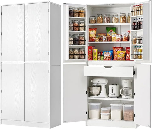 72" Farmhouse Tall Kitchen Pantry Cabinet, Wood Storage Cabinets with Hidden Drawer and 3 Adjustable Shelves, Cupboard with Door Shelves for Kitchen, Dining and Bathroom, White