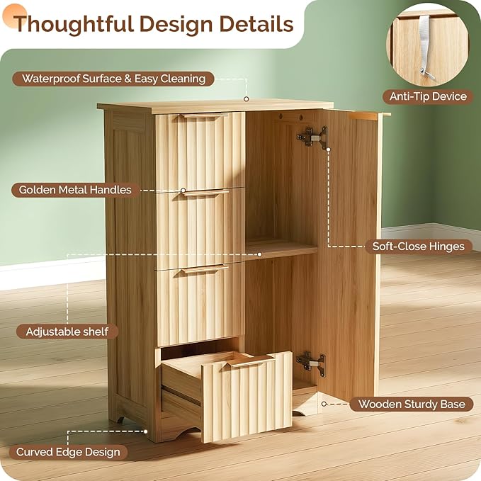 VINGLI Fluted Sideboard Buffet Cabinet, Modern Wood Storage Console with Doors and Drawers, Multi-Function Storage Cabinet for Living Room, Dining Room, Kitchen,Oak