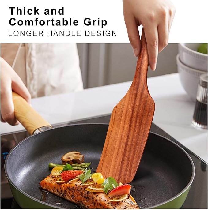 Best Teak Wooden Spatula Set Non Toxic 2 Pcs Wood Kitchen Utensils sets Slotted Turner Spatula Wood Angled Spurtle for Cooking, Flat Frying, Pancake, Egg, Non Stick BPA Free
