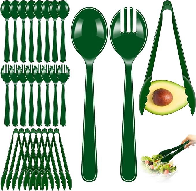 Reusable Serving Utensils Set 24 Pcs - 8 Heavy Duty Plastic Tongs, 8 Spoons & 8 Forks | Dishwasher Safe Buffet & Party Supplies for Wedding, Catering, Holidays