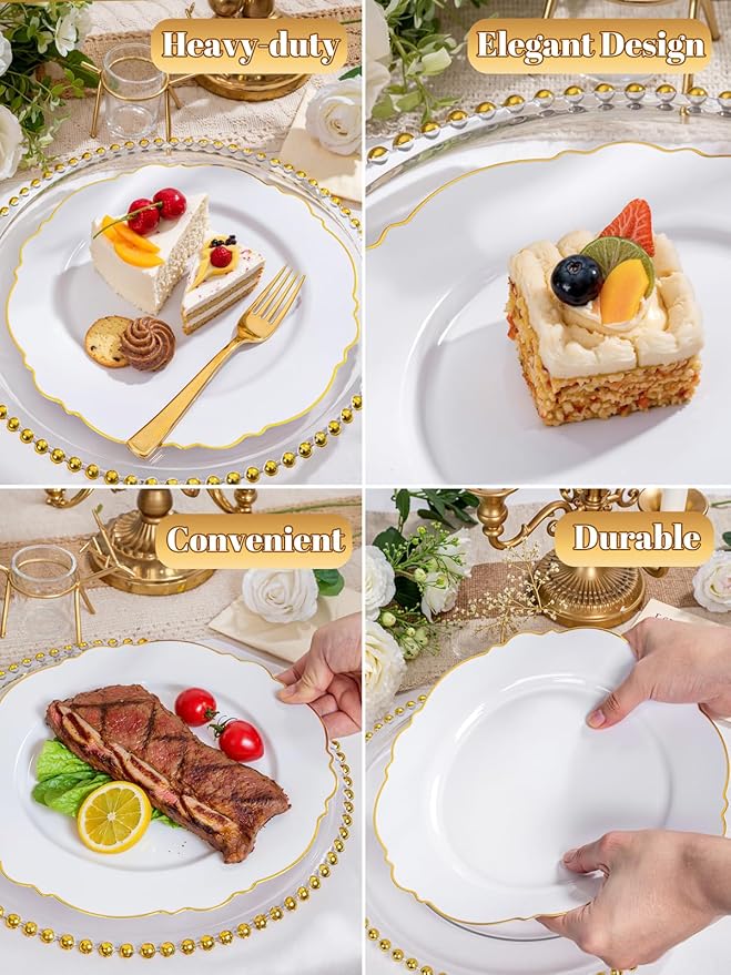 WDF 60pcs Gold Plastic Dinner Plates -10.25inch Baroque White and Gold Plates Fancy Heavy Duty Plastic Plates for Upscale Valentine's Day & Wedding & Birthday
