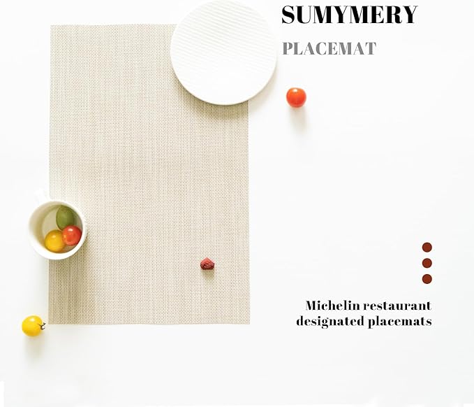SUMYMERY Placemats Set of 12 Vinyl/Plastic Woven Place Mats for Kitchen Table Indoor/Outdoor Washable Placemat Wipeable Dining Table Mats (Beige,12)