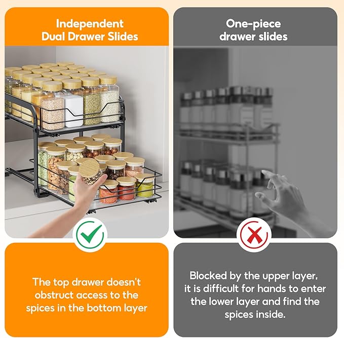 Spice Rack Organizer for Cabinet, 2 Tier Vertical Pull Out Spice Rack ??Heavy Duty Metal Spice Organization for Cabinet, 40-Jar Capacity, Height Adjustable Cabinet Organizer (9"W횞10.5"D횞9"H, Black)
