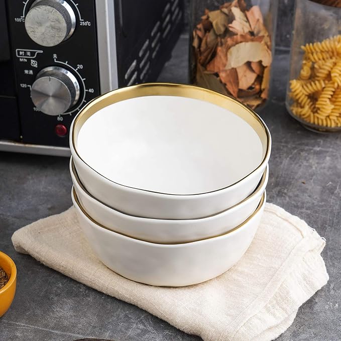 Stone Lain Modern Poreclain 16 Piece Dinnerware Set, Plates and Bowls Set, Dish set for 4, White And Golden Rim