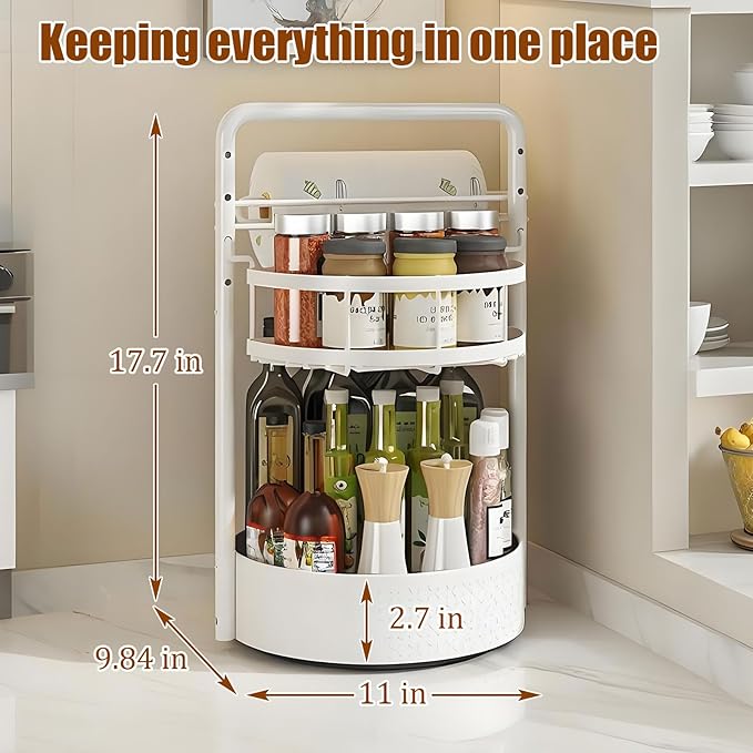 JEESA Rotating Spice Rack with Paper Towel Holder, 2 Tier Lazy Susan for Spices, Sturdy Iron Seasoning Organizer for Kitchen Countertop, White