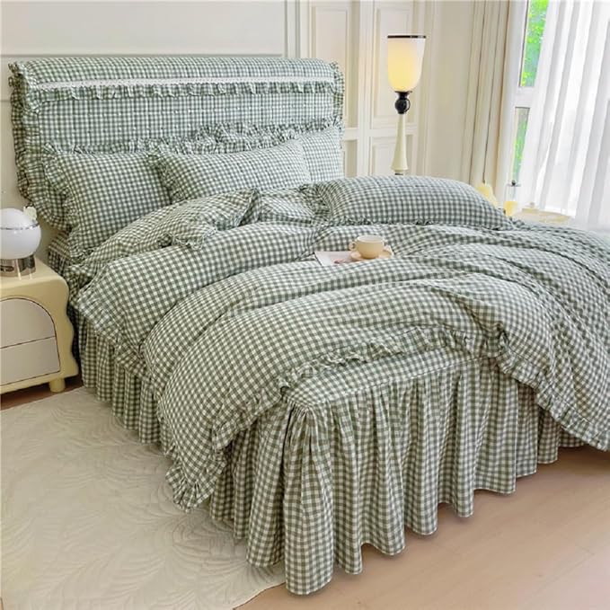 LifeTB Green Gingham Comforter Set Full Size Ruffle Plaid Checkered Pattern Comforter Farmhouse Grid Plaid Gingham Bedding Comforter Set with 2 Pillowcases Fluffy Soft Lightweight Grid Bedding Set