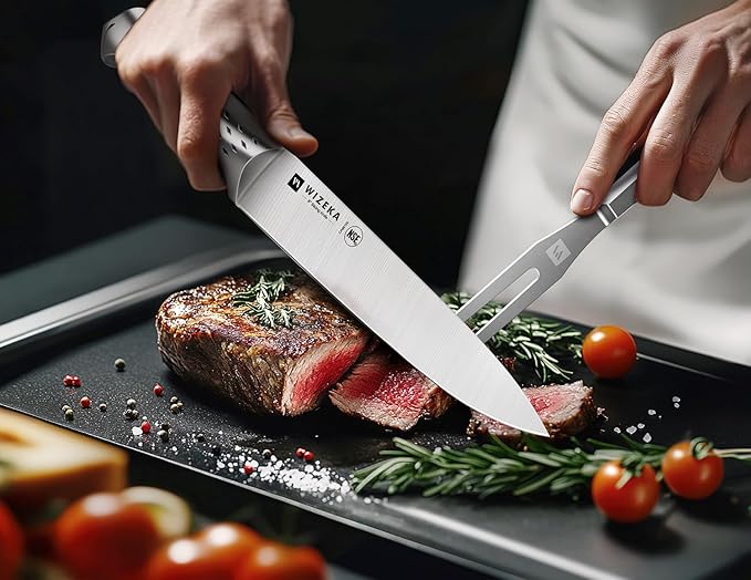 WIZEKA Turkey Carving Knife Set 2-Piece, 8-inch Carving Knife and Fork Set, Ultra-Sharp German Stainless Steel Kitchen Knife for Meat, BBQ, Carving Set with Gift Box, Jaguar Series
