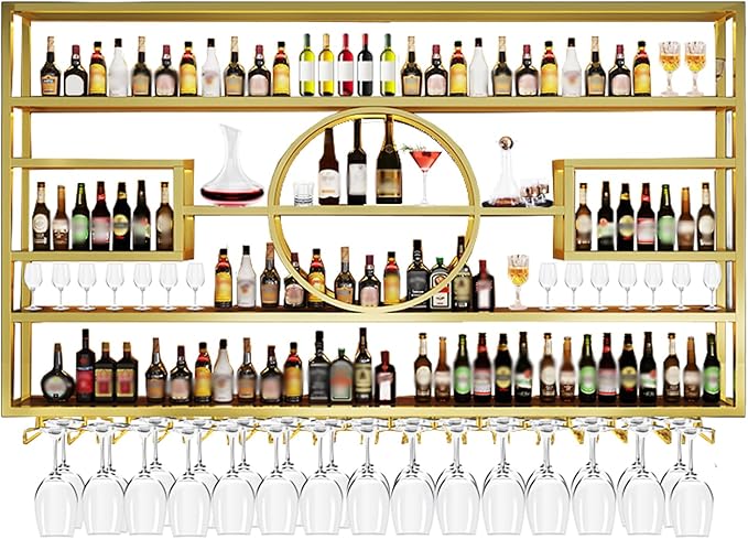 55in Wine Rack Wall Mounted, Large Capacity Hanging Wine Bottles Display Shelf with Glasses Holder, 4 Tier Industrial Bar Liquor Storage Shelves for Home Bar Kitchen,Living Room (Gold, 140cm)