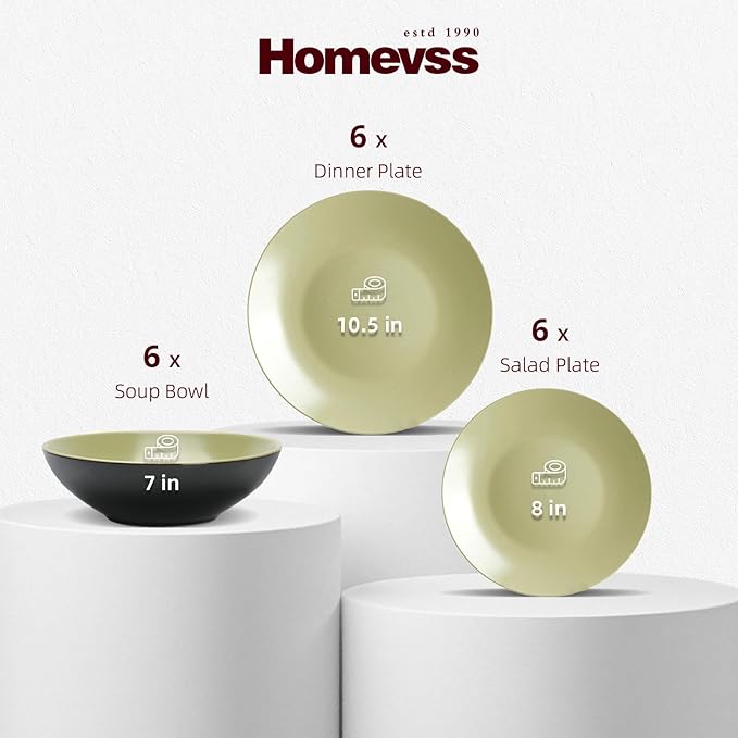 Stoneware Two-Tone Colors Life 18pc Dinner Set竊똎utside Shiny Black + Inside Matte Glaze Olive