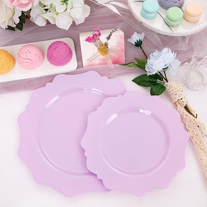 COLOSUS 60Pcs Lavender Purple Plastic Plates set,Heavy Duty Purple Disposable Plates include 30 Dinner plate 10.5??and 30 Salad/Dessert Plate 8.25??for Party and wedding