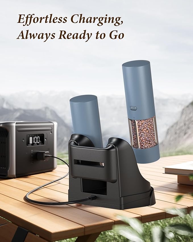 Electric Salt and Pepper Grinder Set - Automatic Refillable Salt and Pepper Grinders with Charging Base & LED Light, 6-Level Adjustable Coarseness with External Dial, Ideal Kitchen Gadget竊똁lue