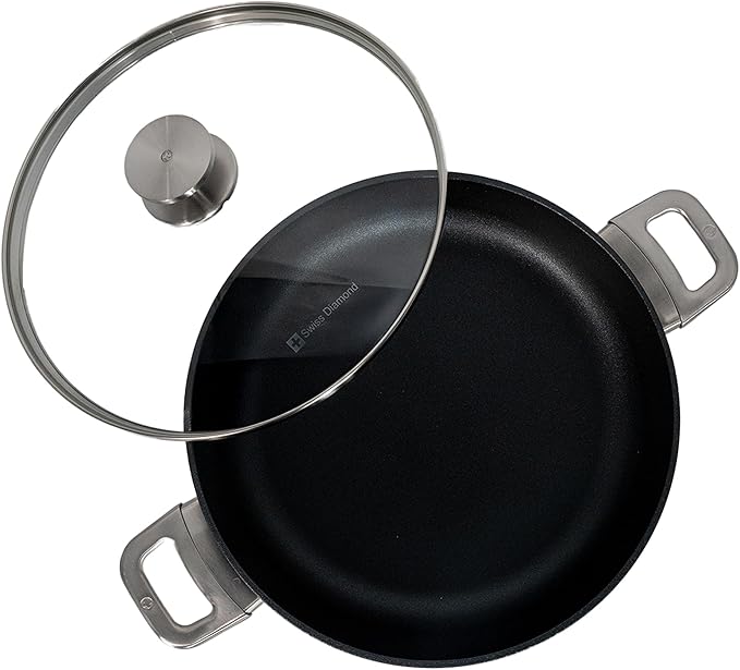 Swiss Diamond Nonstick Hybrid Ceramic and Diamond-Infused Sauteuse Saute Pan With Glass Lid, PFAS- and PFOA-free, Dishwasher & Oven Safe Up To 500 째F (3.7 Quart)