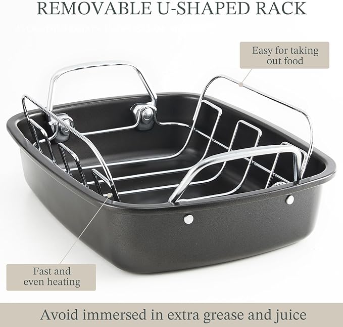 KITESSENSU Large Roasting Pan with Rack - 25 LB Nonstick Turkey Roaster Pan for Oven - Heavy Duty Carbon Steel Roasting Pan with Wider Handles for Chicken, Vegetables & Holiday Meals, Gold