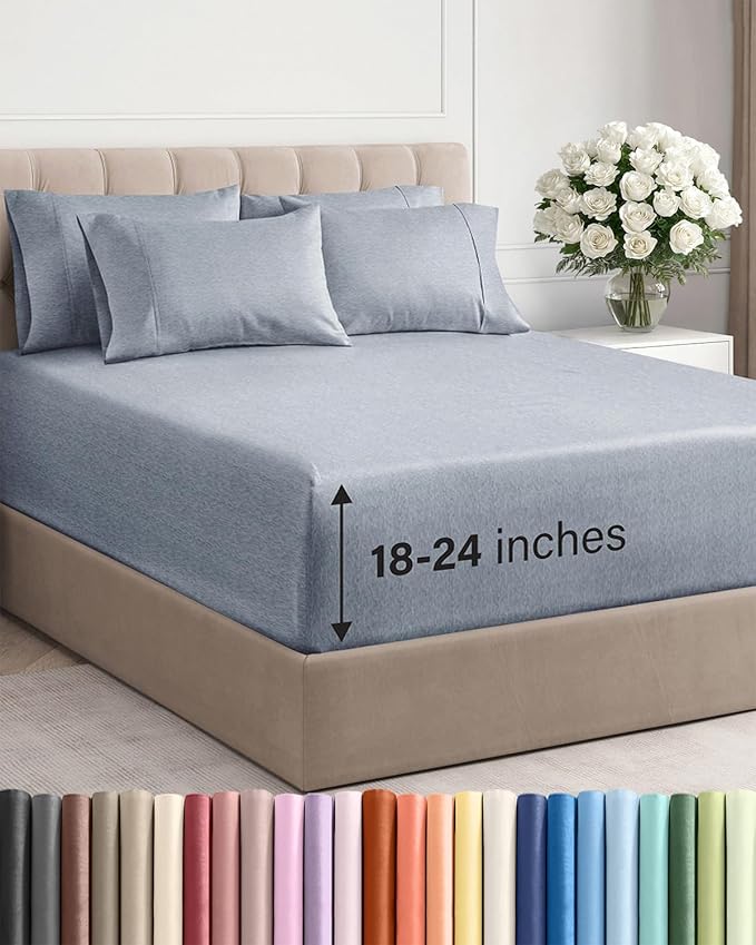 Extra Deep King Sheet Set - 6 Piece Breathable and Cooling Sheets - Hotel Luxury Bed Sheets Set - Easy Fit - Soft, Wrinkle Free and Comfy Sheets Set - Heathered Blue Sheet Set with Extra Deep Pockets