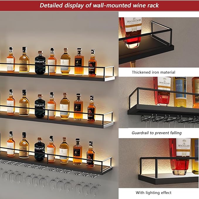 Metal Wall Mounted Wine Rack with LED Light, 3 Tiers Liquor Bottles Floating Shelves with Glass Holder, Wine Shelf Industrial Bar Shelves for Home Bar Dining (Black, 120cm/47.2in)