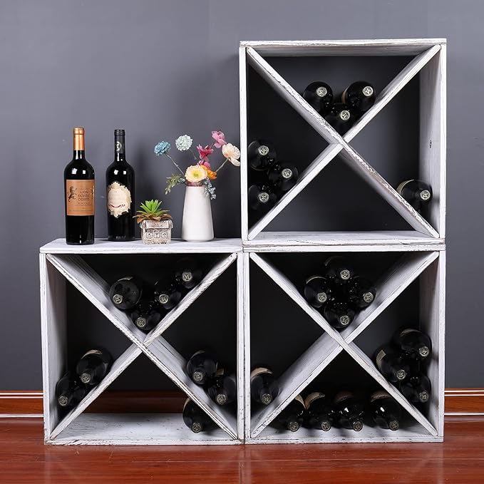 Wine Rack countertop Wooden Stackable Storage Rustic Retro Style Cube 24-Bottle Wooden Wine Rack Wine Cabinet (Weathered White), ja02